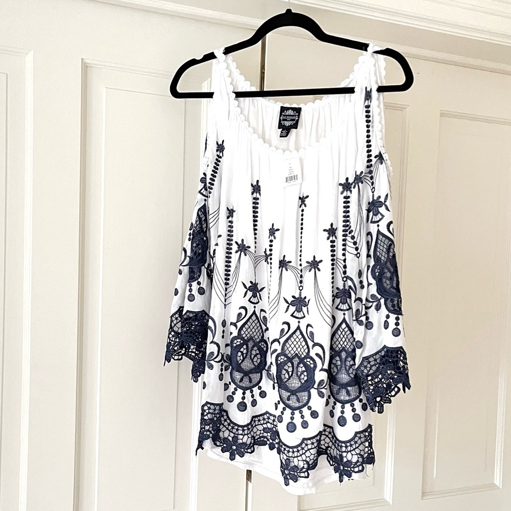 NWT Le Marais white navy silk bleed top